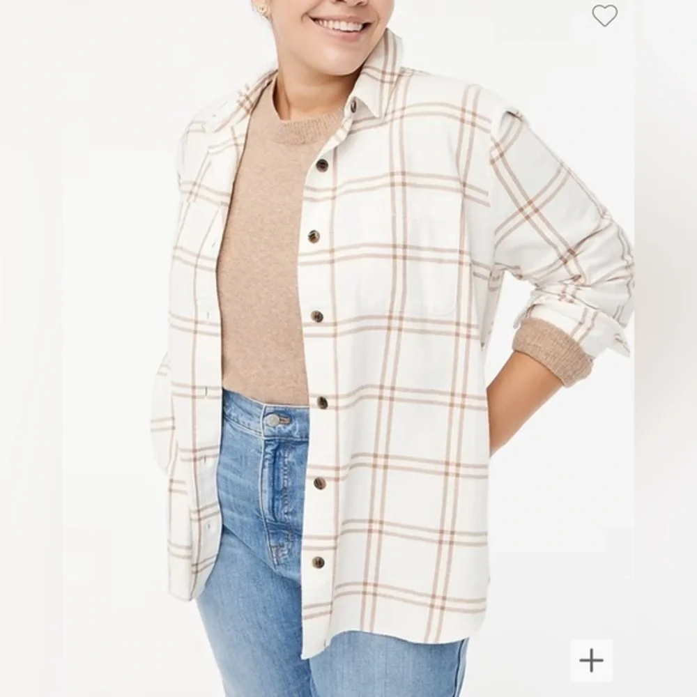 J. Crew Women’s Plaid flannel shirt-jacket with‎ Pockets Size Medium Ivory Camel